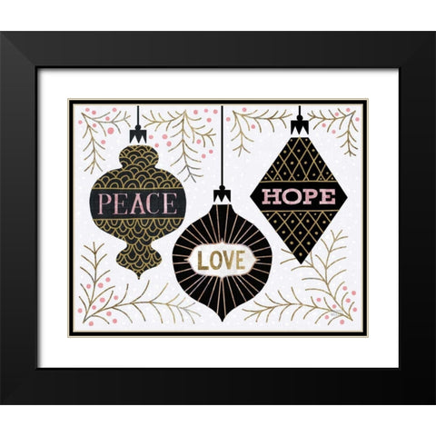 Jolly Holiday Ornaments Peace Love Joy Black Modern Wood Framed Art Print with Double Matting by Mullan, Michael
