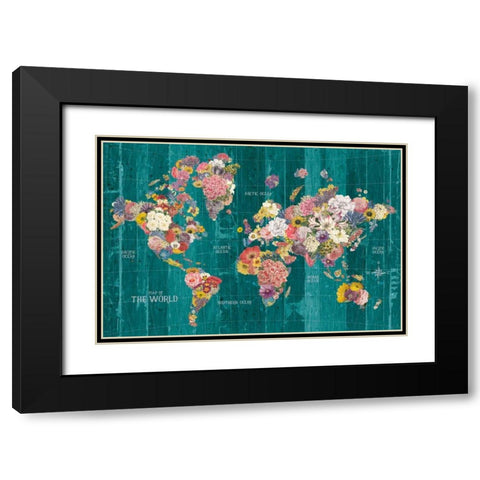 Botanical Floral Map Words Aqua Black Modern Wood Framed Art Print with Double Matting by Wild Apple Portfolio