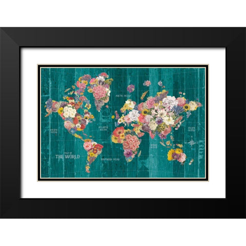Botanical Floral Map Words Aqua Black Modern Wood Framed Art Print with Double Matting by Wild Apple Portfolio