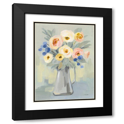 Pale Flowers on Sage Black Modern Wood Framed Art Print with Double Matting by Vassileva, Silvia
