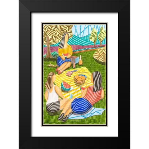 Tres Chicas merendando en el Campo Black Modern Wood Framed Art Print with Double Matting by Ortas, Javier