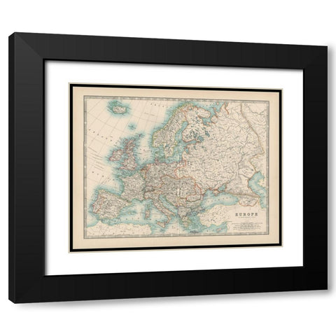 Johnstons Map of Europe Black Modern Wood Framed Art Print with Double Matting by Johnston