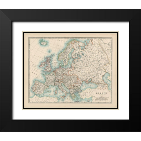 Johnstons Map of Europe Black Modern Wood Framed Art Print with Double Matting by Johnston