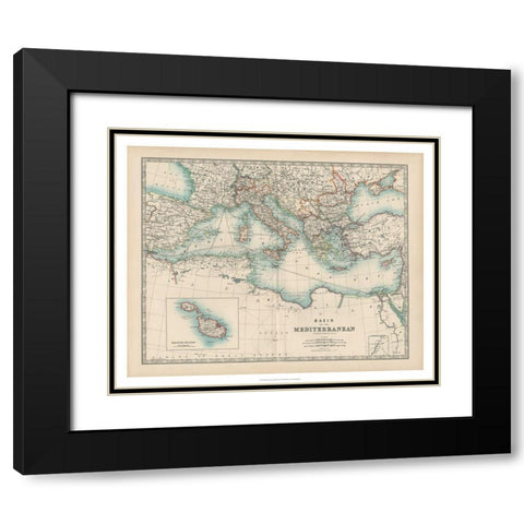 Johnstons Map of the Mediterranean Black Modern Wood Framed Art Print with Double Matting by Johnston