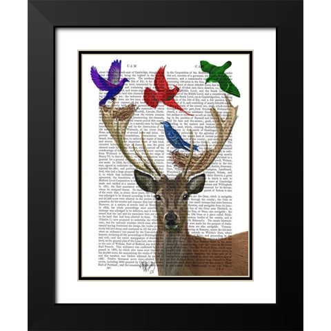 Deer and Birds Nests Black Modern Wood Framed Art Print with Double Matting by Fab Funky