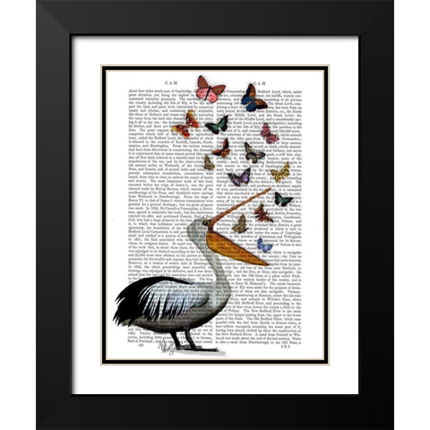 Pelican and Butterflies Black Modern Wood Framed Art Print with Double Matting by Fab Funky