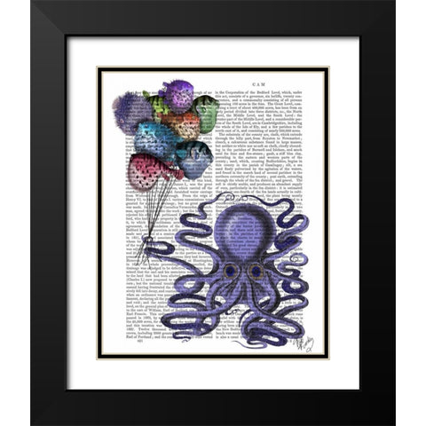 Octopus and Puffer Fish Balloons Black Modern Wood Framed Art Print with Double Matting by Fab Funky