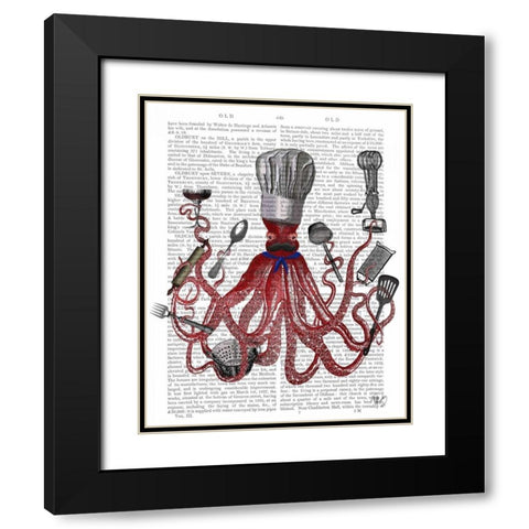 Octopus Fabulous French Chef Black Modern Wood Framed Art Print with Double Matting by Fab Funky
