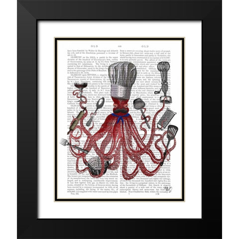 Octopus Fabulous French Chef Black Modern Wood Framed Art Print with Double Matting by Fab Funky