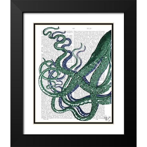 Octopus Tentacles Green and Blue Black Modern Wood Framed Art Print with Double Matting by Fab Funky