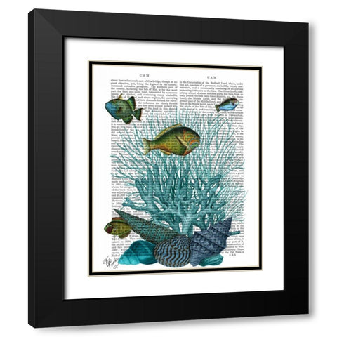 Fish Blue Shells and Corals Black Modern Wood Framed Art Print with Double Matting by Fab Funky