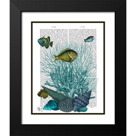 Fish Blue Shells and Corals Black Modern Wood Framed Art Print with Double Matting by Fab Funky