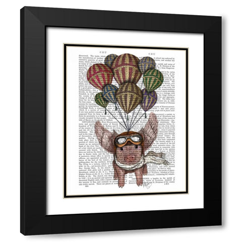 Pig And Balloons Black Modern Wood Framed Art Print with Double Matting by Fab Funky