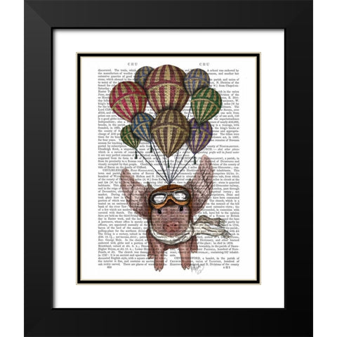 Pig And Balloons Black Modern Wood Framed Art Print with Double Matting by Fab Funky