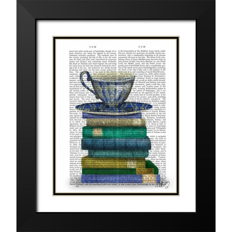 Teacup and Books Black Modern Wood Framed Art Print with Double Matting by Fab Funky