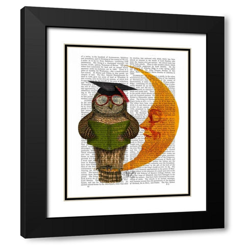 Owl On The Moon Black Modern Wood Framed Art Print with Double Matting by Fab Funky