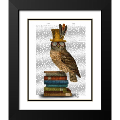 Owl On Books Black Modern Wood Framed Art Print with Double Matting by Fab Funky