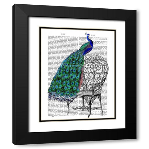Peacock on Chair Black Modern Wood Framed Art Print with Double Matting by Fab Funky
