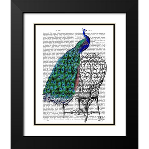 Peacock on Chair Black Modern Wood Framed Art Print with Double Matting by Fab Funky