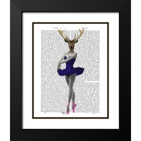 Ballet Deer in Blue Black Modern Wood Framed Art Print with Double Matting by Fab Funky