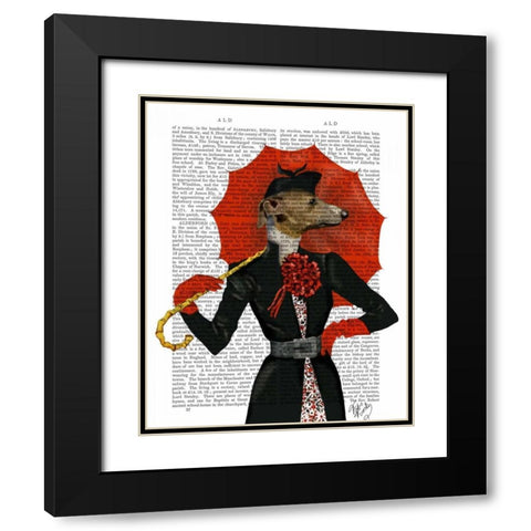 Elegant Greyhound and Red Umbrella Black Modern Wood Framed Art Print with Double Matting by Fab Funky