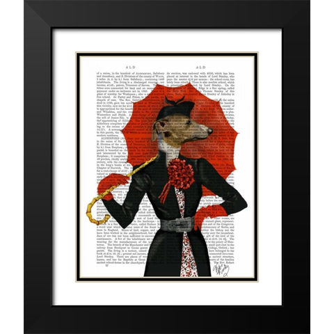 Elegant Greyhound and Red Umbrella Black Modern Wood Framed Art Print with Double Matting by Fab Funky