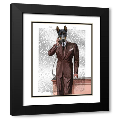 Doberman on Phone Black Modern Wood Framed Art Print with Double Matting by Fab Funky