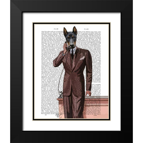Doberman on Phone Black Modern Wood Framed Art Print with Double Matting by Fab Funky