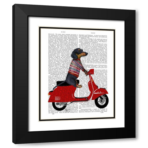 Dachshund on a Moped Black Modern Wood Framed Art Print with Double Matting by Fab Funky