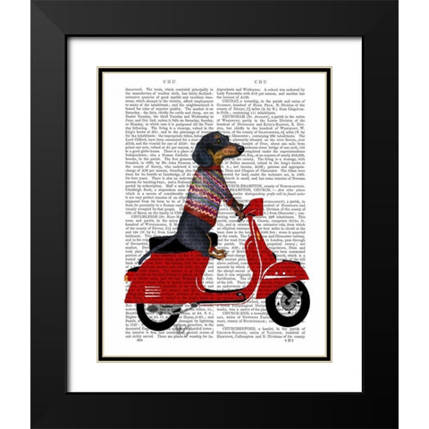 Dachshund on a Moped Black Modern Wood Framed Art Print with Double Matting by Fab Funky