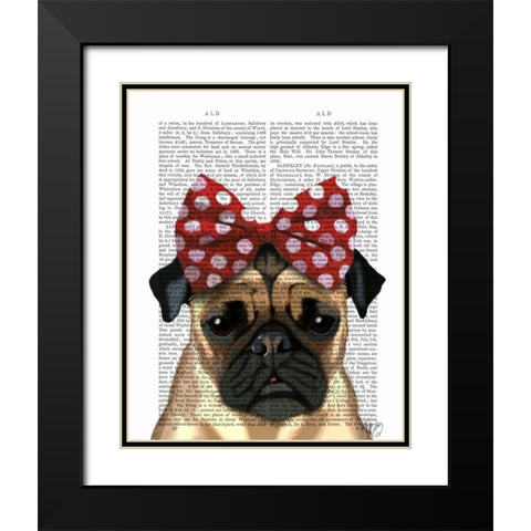 Pug with Red Spotty Bow On Head Black Modern Wood Framed Art Print with Double Matting by Fab Funky