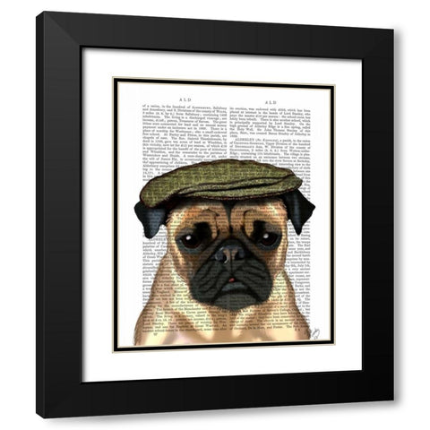 Pug in Flat Cap Black Modern Wood Framed Art Print with Double Matting by Fab Funky
