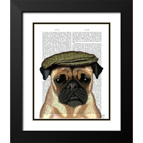 Pug in Flat Cap Black Modern Wood Framed Art Print with Double Matting by Fab Funky