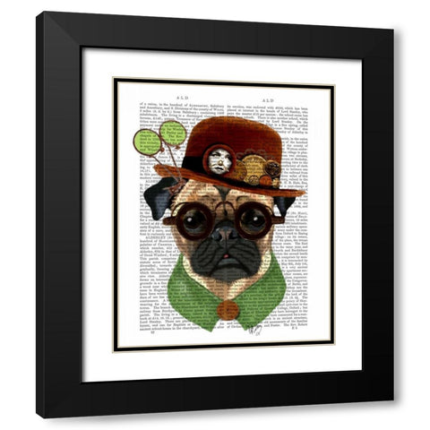 Pug with Steampunk Bowler Hat Black Modern Wood Framed Art Print with Double Matting by Fab Funky