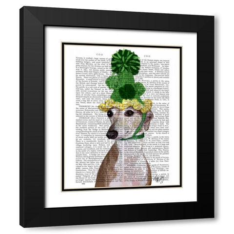 Greyhound in Green Knitted Hat Black Modern Wood Framed Art Print with Double Matting by Fab Funky