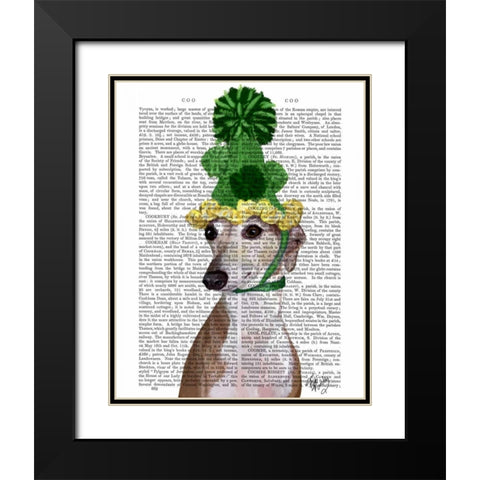Greyhound in Green Knitted Hat Black Modern Wood Framed Art Print with Double Matting by Fab Funky