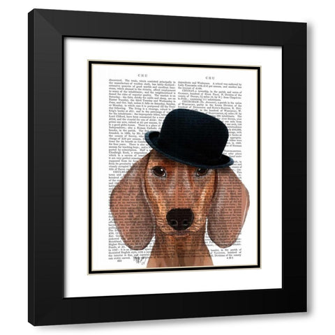 Dachshund with Black Bowler Hat Black Modern Wood Framed Art Print with Double Matting by Fab Funky