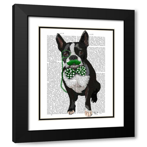 Boston Terrier With Green Moustache And Spotty Green Bow Tie Black Modern Wood Framed Art Print with Double Matting by Fab Funky