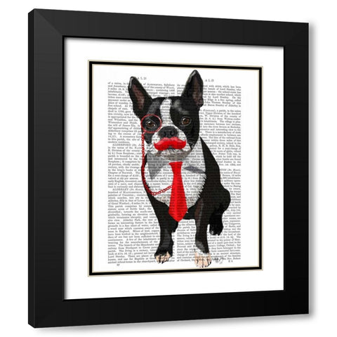 Boston Terrier With Red Tie and Moustache Black Modern Wood Framed Art Print with Double Matting by Fab Funky