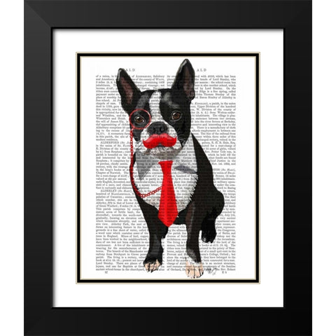 Boston Terrier With Red Tie and Moustache Black Modern Wood Framed Art Print with Double Matting by Fab Funky