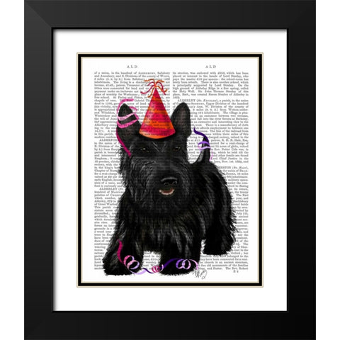 Scottish Terrier and Party Hat Black Modern Wood Framed Art Print with Double Matting by Fab Funky
