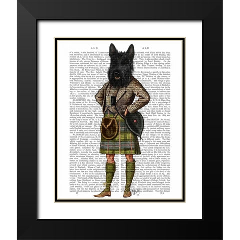 Scottish Terrier in Kilt Black Modern Wood Framed Art Print with Double Matting by Fab Funky
