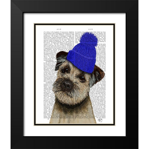 Border Terrier with Blue Bobble Hat Black Modern Wood Framed Art Print with Double Matting by Fab Funky