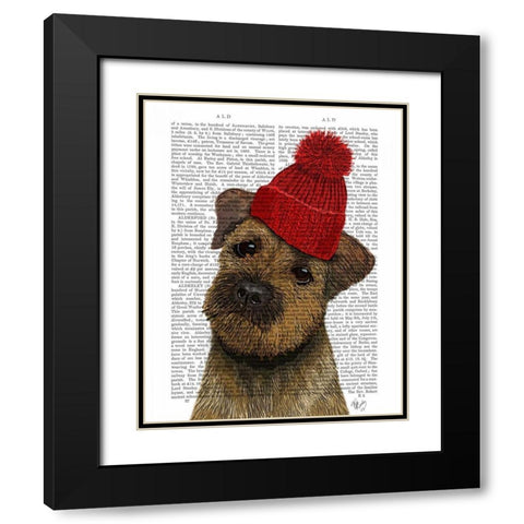 Border Terrier with Red Bobble Hat Black Modern Wood Framed Art Print with Double Matting by Fab Funky