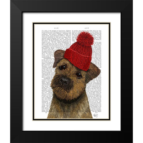 Border Terrier with Red Bobble Hat Black Modern Wood Framed Art Print with Double Matting by Fab Funky