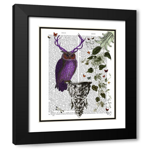 Purple Owl With Antlers Black Modern Wood Framed Art Print with Double Matting by Fab Funky