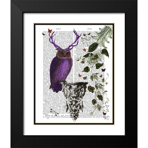 Purple Owl With Antlers Black Modern Wood Framed Art Print with Double Matting by Fab Funky