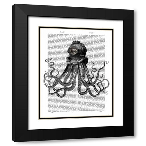 Octopus and Diving Helmet Black Modern Wood Framed Art Print with Double Matting by Fab Funky