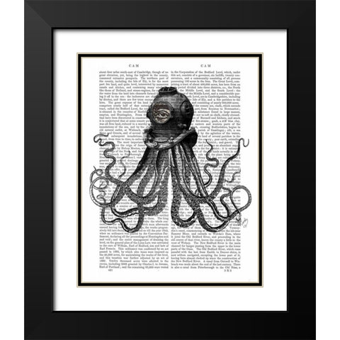 Octopus and Diving Helmet Black Modern Wood Framed Art Print with Double Matting by Fab Funky