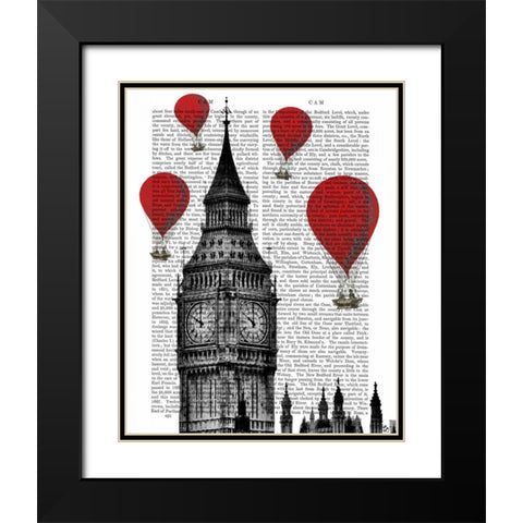 Big Ben and Red Hot Air Balloons Black Modern Wood Framed Art Print with Double Matting by Fab Funky
